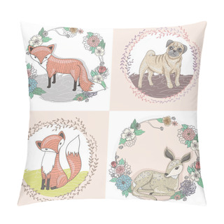Personality  Cute Little Fox, Deer And Pug Illustration Set In Floral Frames. Pillow Covers