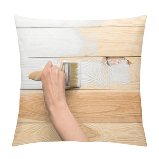 Personality  Cropped View Of Woman Painting Wooden Surface In White Pillow Covers