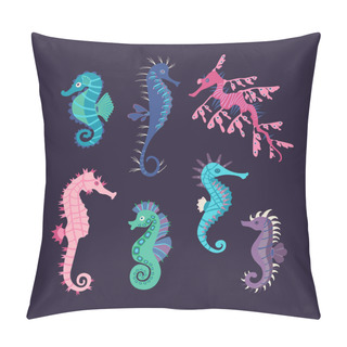 Personality  Set Colorful Seahorses. Pretty Seahorses Different Silhouette On Dark Background. For Festive Card, Logo, Children, Pattern, Tattoo, Decorative, Creative Concept. Cartoon Vector Illustration Pillow Covers