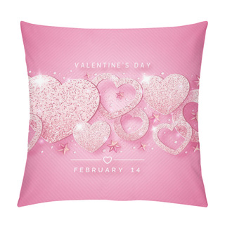 Personality  Valentines Day Horizontal Background With Shining Pink Hearts, Stars, Balls And Confetti. Holiday Card Illustration On Pink Background. Sparkling Hearts With Glitter Texture Pillow Covers