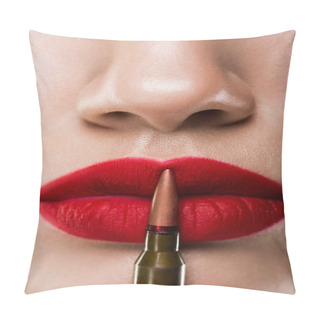 Personality  Cropped View Of Girl Holding Bullet Near Red Lips, Isolated On Grey Pillow Covers