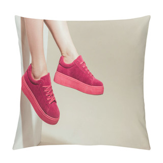 Personality  Cropped Shot Of Woman Feet In Stylish Stylish Sneakers On White Background Pillow Covers