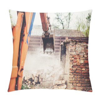Personality  Industrial Close Up Of Excavator Using Scoop For Demolishing Old House And Ruins Pillow Covers
