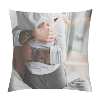 Personality  Cropped View Of Tattooed Man Passionately Hugging Woman At Home Pillow Covers