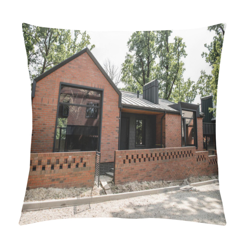 Personality  modern house with brick walls and large windows, housing market pillow covers