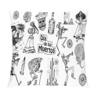 Personality Day Of The Dead. Mexican National Holiday. Original Inscription In Spanish Dia De Los Muertos. Skeletons In Costumes Dance, Play The Violin, Trumpet And Guitar. Hand Drawn Engraved Sketch. Pillow Covers
