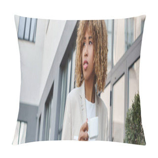 Personality  Curly African American Businesswoman Standing With Cup Of Coffee Near Office Building, Banner Pillow Covers
