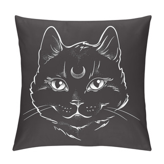 Personality  Cute Black Cat With Moon On His Forehead Line Art And Dot Work. Wiccan Familiar Spirit, Halloween Or Pagan Witchcraft Theme Tapestry Print Design Vector Illustration Pillow Covers