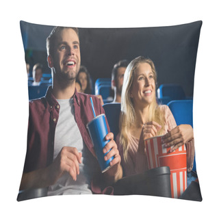 Personality  Cheerful Couple With Popcorn And Soda Drink Watching Film Together In Cinema Pillow Covers