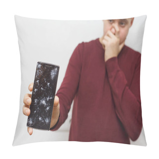 Personality  Man Holding A Cell Phone After An Accident. Digital Phone With Broke Screen. Pillow Covers