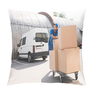 Personality  Delivery Man With Boxes On Cart Pillow Covers