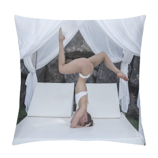 Personality  Side View Of Flexible Female In Bikini Balancing On Balinese Bed In Headstand With Splits While Doing Yoga And Practicing Mindfulness Pillow Covers
