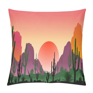 Personality  Sunset In A Stony Desert With Cacti.  Silhouettes Of Stones, Cacti And Plants. Desert Landscape With Cacti. The Stony Desert.                                                                                                                              Pillow Covers