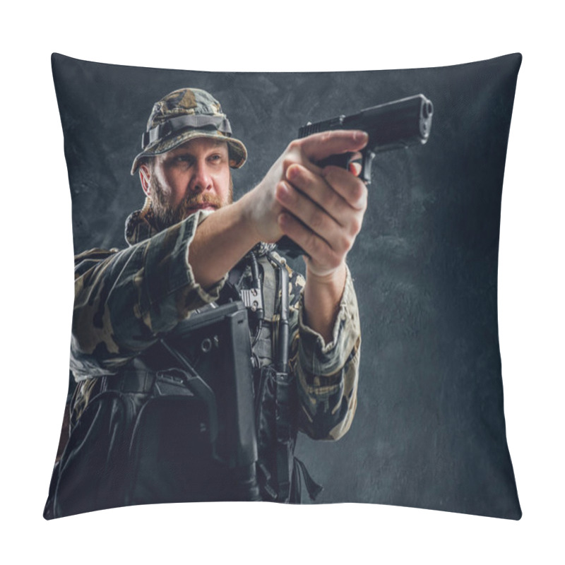 Personality  Brutal Man In The Military Camouflaged Uniform Holding A Gun And Aiming At The Enemy. Pillow Covers