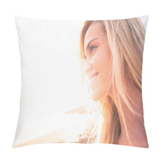 Personality  Close Up Of A Smiling Blond Looking Away At Beach Pillow Covers