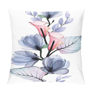 Personality  Watercolor Seamless Border With Transparent Tropical Flowers And Calla And Magnolia Leaves. Delicate, Delicate Print In Pastel Dusty Pink And Blue Colors Or White Background. Pillow Covers
