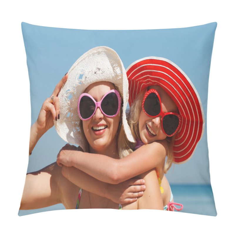 Personality  Mother And Daughter Having Fun On Beach Pillow Covers