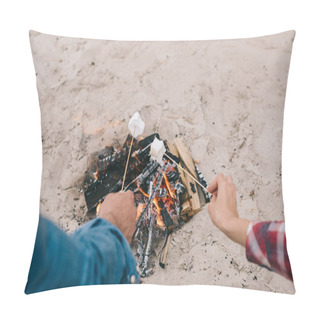 Personality  Cropped Shot Of Couple Roasting Marshmallow On Campfire On Sandy Beach Pillow Covers