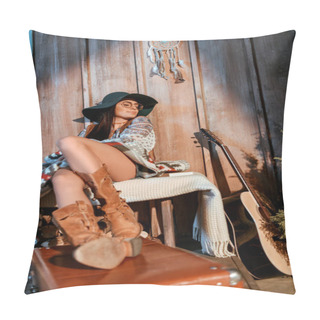 Personality  Woman Sitting On Bench In Wooden House Pillow Covers