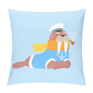 Personality  Walrus Smoking Pipe In Captain Outfit, Arctic Animal Dressed In Winter Human Clothes Cartoon Character Pillow Covers