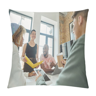 Personality  Cheerful Woman With Tattoo Holding Folder, Sharing Ideas With Diverse Colleagues, Gadgets, Startup Pillow Covers