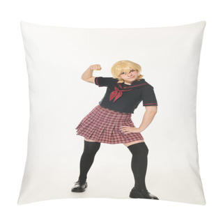 Personality  Aggressive Anime Style Woman In School Uniform And Yellow Blonde Wig Showing Fist On White Pillow Covers