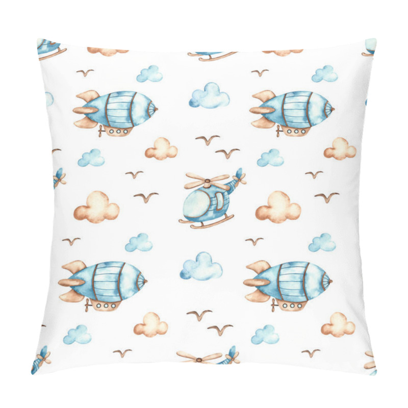 Personality  Airship, helicopter, clouds on white background. Watercolor seamless boho pattern for boys pillow covers