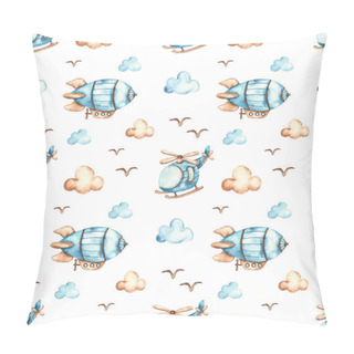 Personality  Airship, Helicopter, Clouds On White Background. Watercolor Seamless Boho Pattern For Boys Pillow Covers