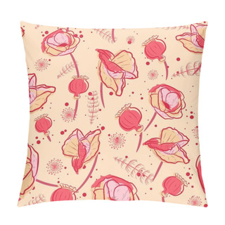 Personality  Elegant And Vintage Seamless Pattern Print With Opium Poppies. Repeat Background With Pink Flowers And Weeds. Floral Feminine Texture With Papaver Somniferum Plants And Roses. Pillow Covers