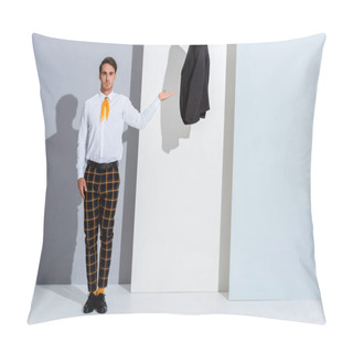 Personality  Handsome Man In Plaid Trousers Standing And Gesturing On White And Grey  Pillow Covers