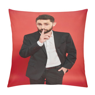 Personality  Bearded Man In Black Suit Showing Hush Sign While Standing With Hand In Pocket On Red Backdrop Pillow Covers