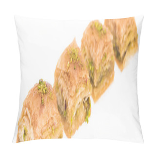 Personality  Traditional Turkish Honey Baklava With Nuts Isolated On White, Panoramic Shot Pillow Covers