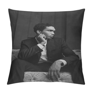 Personality  Attractive Young African American Male Model In Elegant Evening Suit Posing And Looking Away Pillow Covers