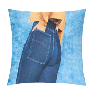 Personality  Cropped View Of Anonymous Plus Size Woman In Orange Jacket And Posing With Hand In Pocket Of Denim Jeans While Standing On Mottled Blue Background, Body Positive  Pillow Covers
