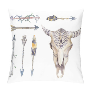 Personality  Watercolor Cow Skull With Flowers , Arrows And Feathers. Boho Tr Pillow Covers