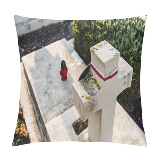 Personality  LVIV, UKRAINE - OCTOBER 23, 2019: High Angle View Of Polish Tomb With Stone Cross In Lychakiv Cemetery In Lviv, Ukraine Pillow Covers