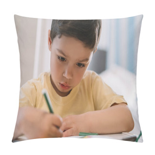 Personality  Selective Focus Of Cute, Focused Boy Drawing With Felt-tip Pen Pillow Covers