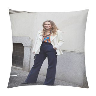 Personality  MILAN, ITALY - FEBRUARY 26, 2023: Woman With Blue Trousers And White Jacket Before Luisa Spagnoli Fashion Show, Milan Fashion Week Street Style Pillow Covers