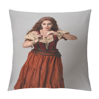 Personality  Close Up Portrait Of Beautiful Red Haired Woman Wearing A Medieval Maiden, Fortune Teller Costume. Posing With Gestural Hands Reaching Out, Dancing, Isolated On Studio Background. Pillow Covers