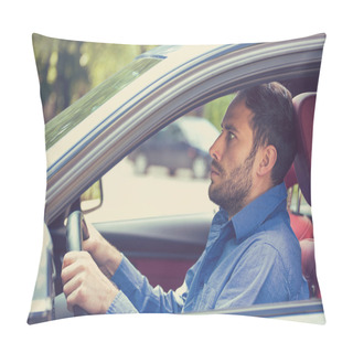 Personality  Scared Funny Looking Young Man Driver In The Car. Inexperienced Anxious Motorist   Pillow Covers
