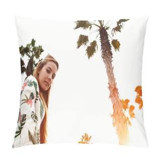 Personality  Woman In Trendy Cool Clothing Under Palms Pillow Covers