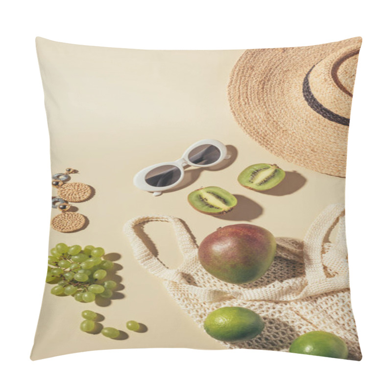 Personality  top view of wicker hat, sunglasses, earrings and string bag with fresh fruits  pillow covers