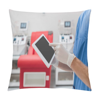 Personality  Partial View Of Doctor In Latex Gloves Pointing At Digital Tablet With Blank Screen Near Blurred Medical Chair And Blood Transfusion Machine On Blurred Background In Clinic Pillow Covers