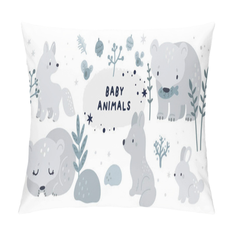 Personality  Baby animals and forest plants collection. Set with cute forest animals: bear, rabbit, wolf, arctic fox. Childish vector illustration isolated on white background pillow covers