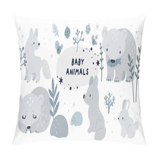 Personality  Baby Animals And Forest Plants Collection. Set With Cute Forest Animals: Bear, Rabbit, Wolf, Arctic Fox. Childish Vector Illustration Isolated On White Background Pillow Covers