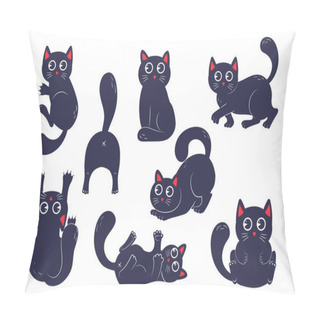Personality  Bundle Of Funny Kawaii Black Cats In Various Poses In Flat Style Isolated On White Background Pillow Covers