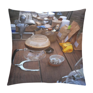 Personality  Close Up Of Hot Coffee Brewing Gadgets On Wooden Table Counter. Pillow Covers