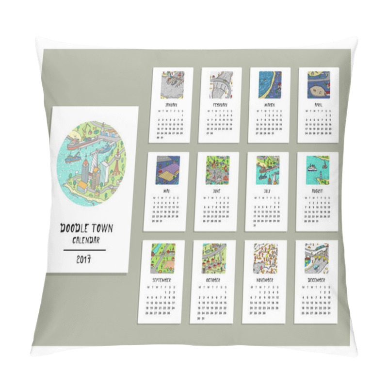 Personality  hand drawn doodle town calendar pillow covers