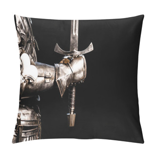 Personality  Cropped View Of Knight In Armor Holding Sword Isolated On Black  Pillow Covers