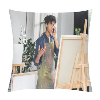 Personality  African American Artist In Dirty Apron Talking On Smartphone Near Canvas In Studio  Pillow Covers